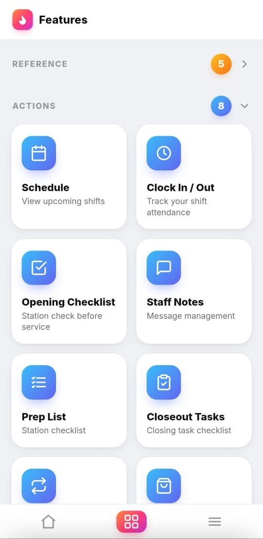 The Crewli actions menu, listing schedule, clock in and out, opening checklist, staff notes, prep list and closeout tasks.