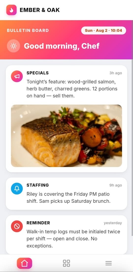 The Crewli bulletin board on a phone, showing tonight's feature with a photo, a staffing note and a reminder about temperature logs.