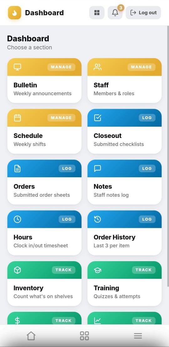 The Crewli manager dashboard, a grid of sections labelled manage, log and track: bulletin, staff, schedule, closeout, orders, notes, hours, order history, inventory and training.