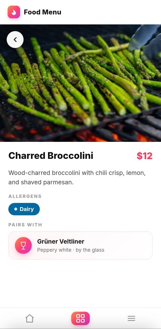 A Crewli menu item page for charred broccolini, showing the description, a dairy allergen tag and a suggested wine pairing.