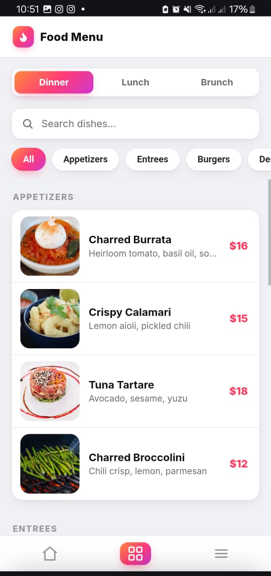 Crewli running on a phone: the food menu, with dinner, lunch and brunch tabs and dishes grouped by course.