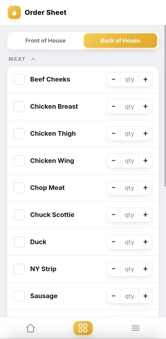 The Crewli back of house order sheet, showing meat items with quantity steppers next to each one.