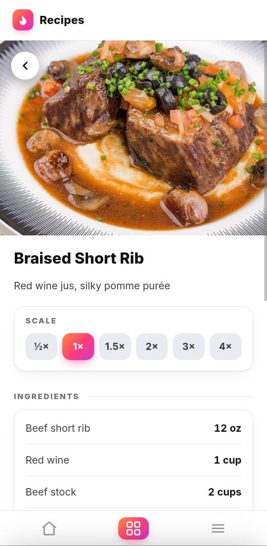 A Crewli recipe page for braised short rib, with scale buttons from a half batch up to four times and an ingredient list.