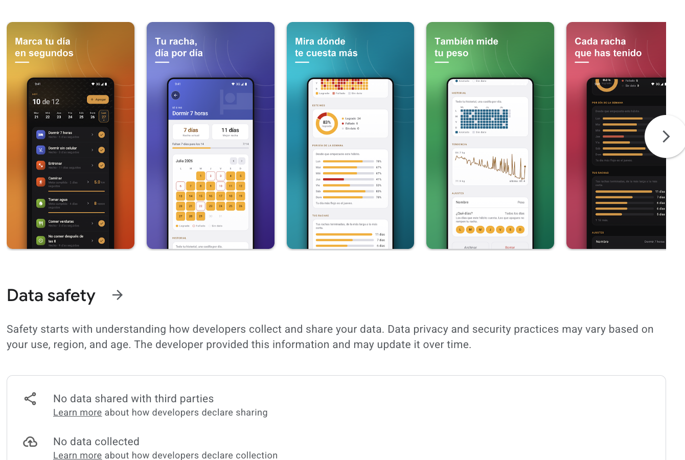 The Hierro Vivo listing on Google Play: five product screenshots, and the Data Safety section stating no data is shared with third parties and no data is collected.