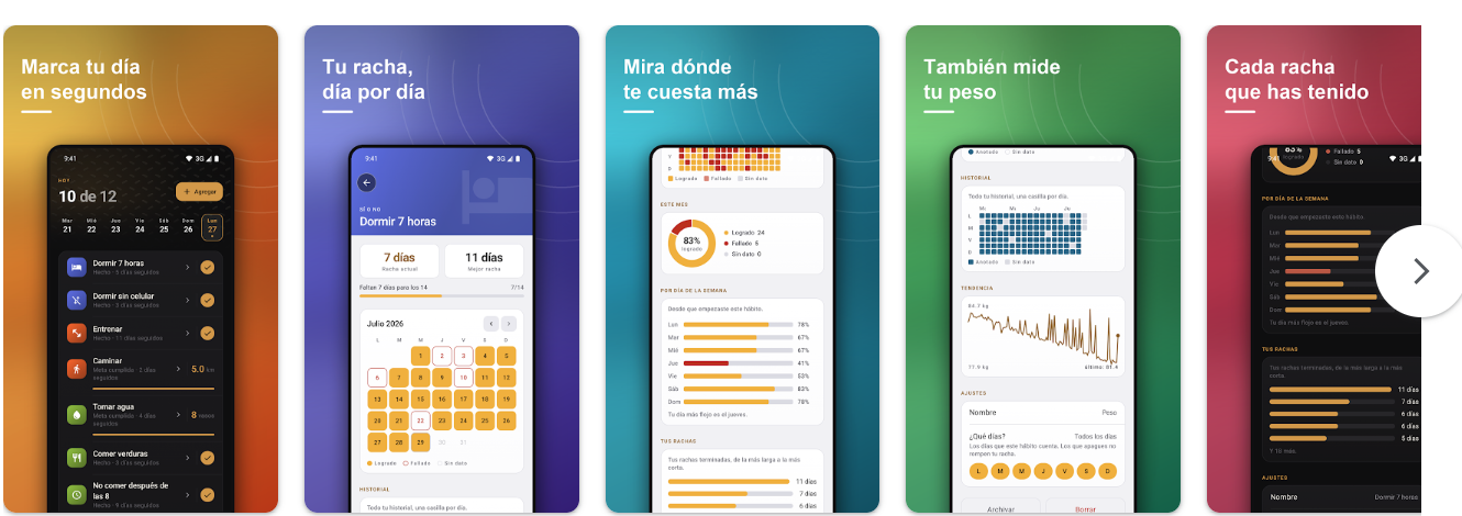 Five Hierro Vivo store listing cards in a row, alternating light and dark backgrounds, each with a Spanish headline over a phone screenshot.