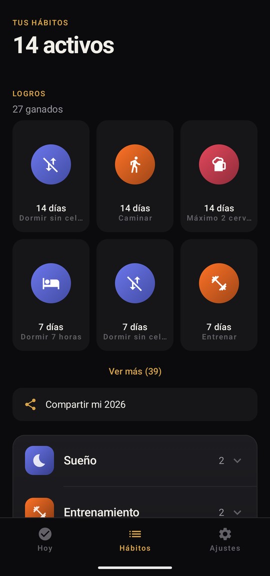 The Hierro Vivo achievements grid, showing badges earned at seven and fourteen days across several habits.