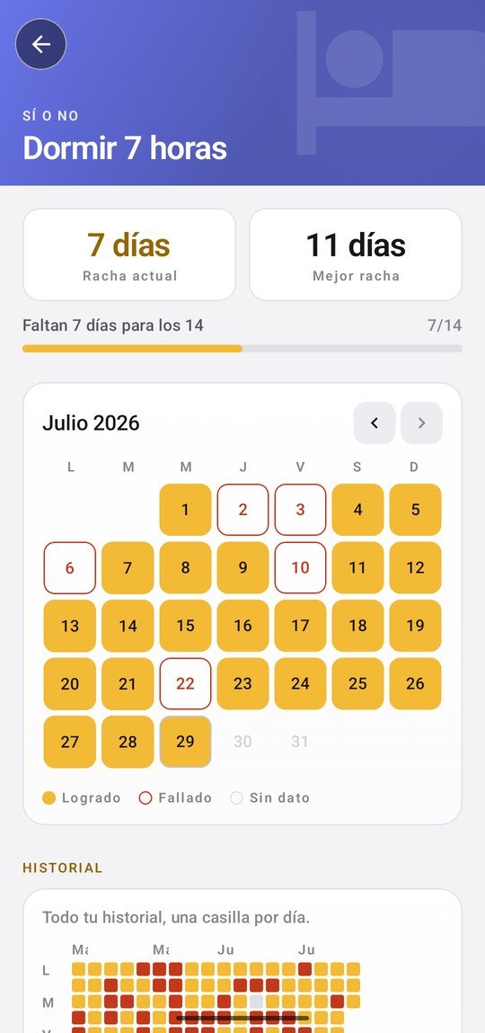 The Hierro Vivo month calendar in light mode with achieved, failed and unlogged days.