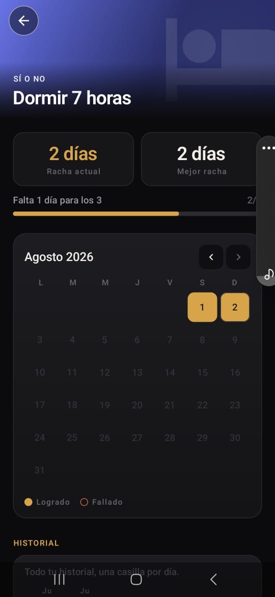 A Hierro Vivo habit page with an indigo category band, a bed icon, current and best streak, and a month calendar.