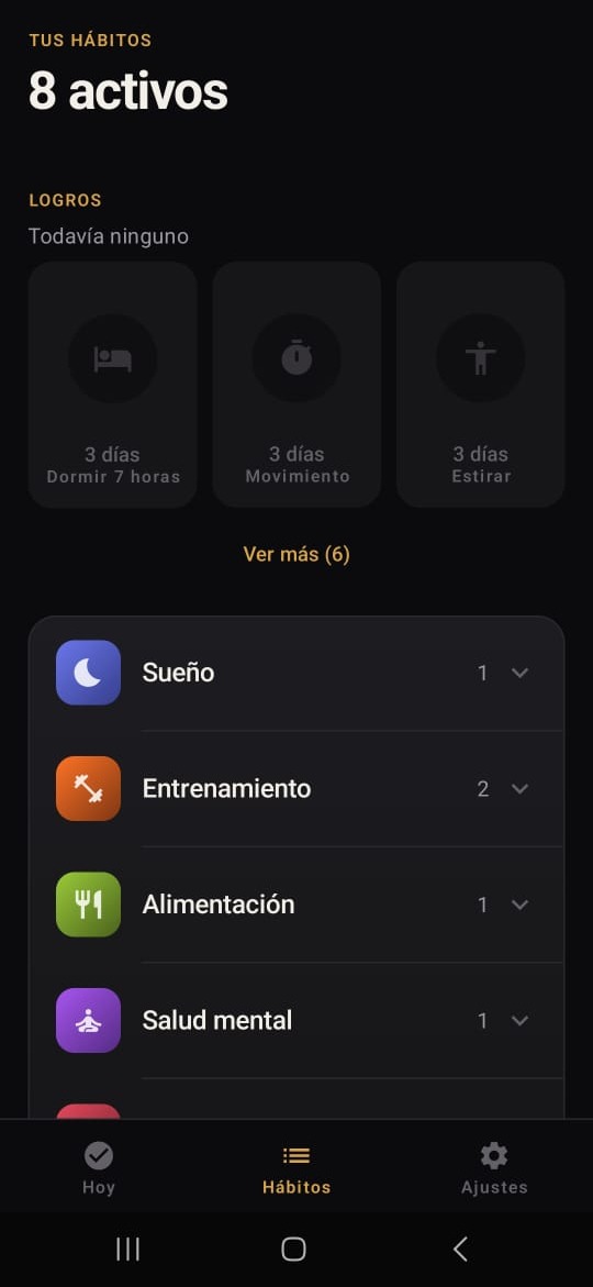 The Hierro Vivo habits tab in dark mode, showing active habit count, locked achievement badges and category rows.