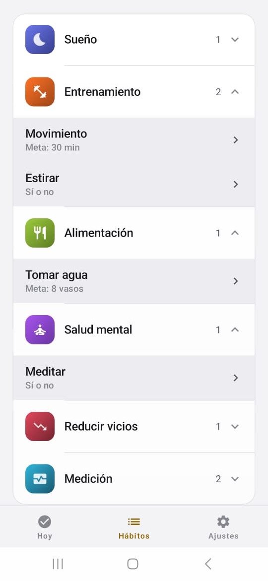 The Hierro Vivo habits list in light mode, showing category rows for sleep, training, food, mental health, reducing vices and measurement, each with its own colored icon.