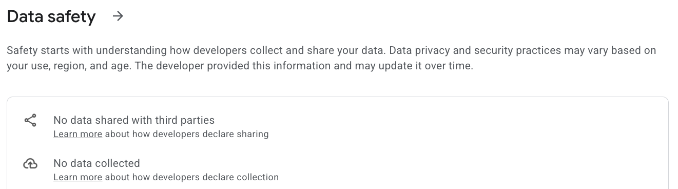 The Data safety section of the Hierro Vivo listing on Google Play, stating no data shared with third parties and no data collected.