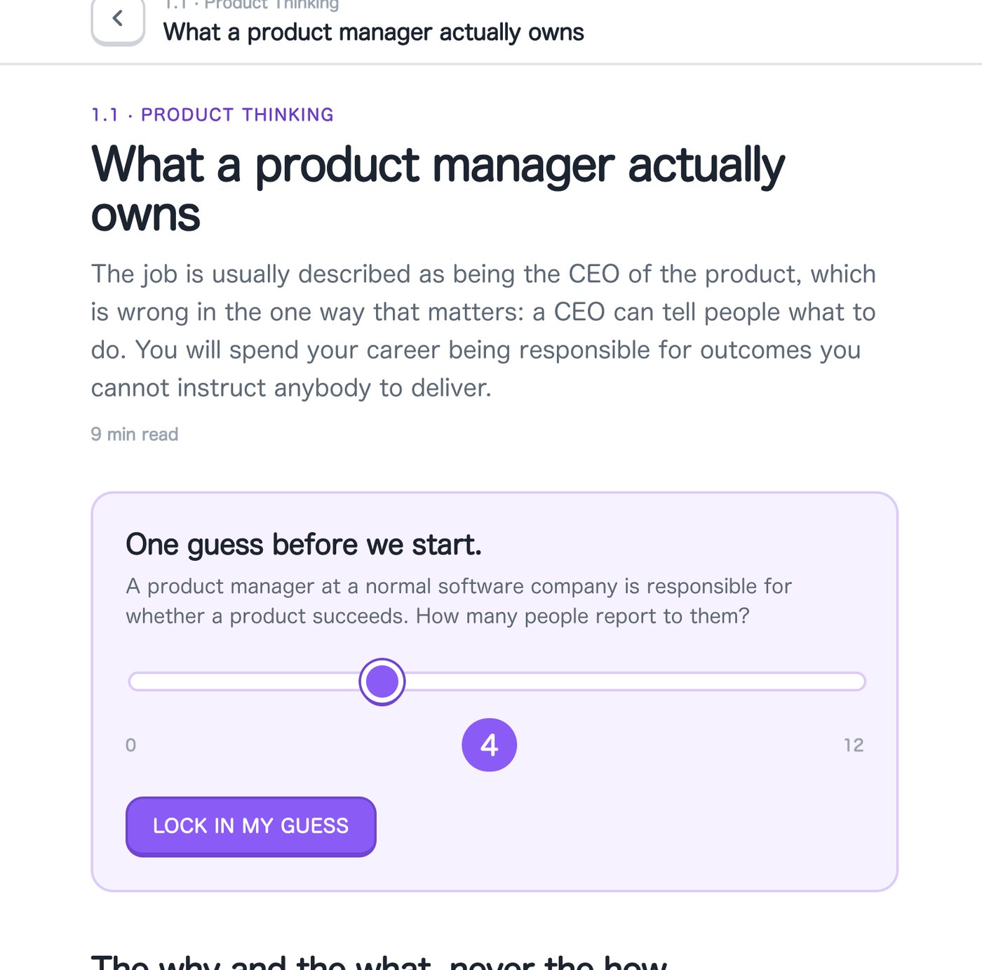 The opening of a lesson called What a product manager actually owns, with a slider asking the reader to guess how many people report to a product manager before reading.